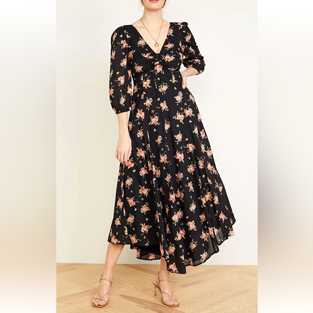 Free People • Sea Glass Midi Dress Black Floral Boho Hippie Sweetheart Size 0